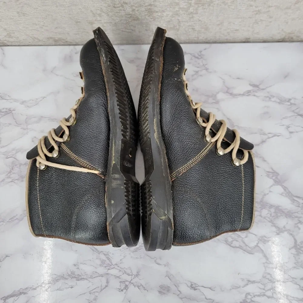Vintage Black Leather Cross Country Ski Boots Double Tongue Double Laces